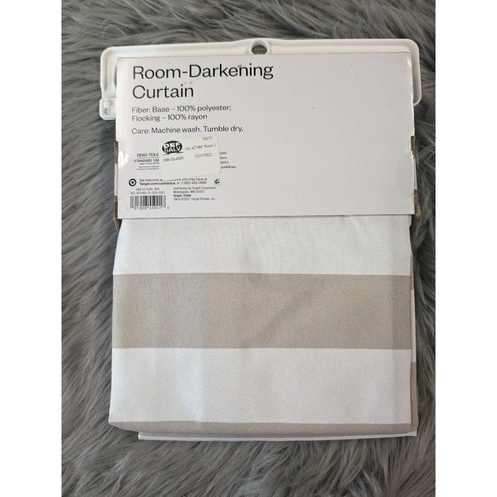 Room darkening Curtain panel, tan and white stripe